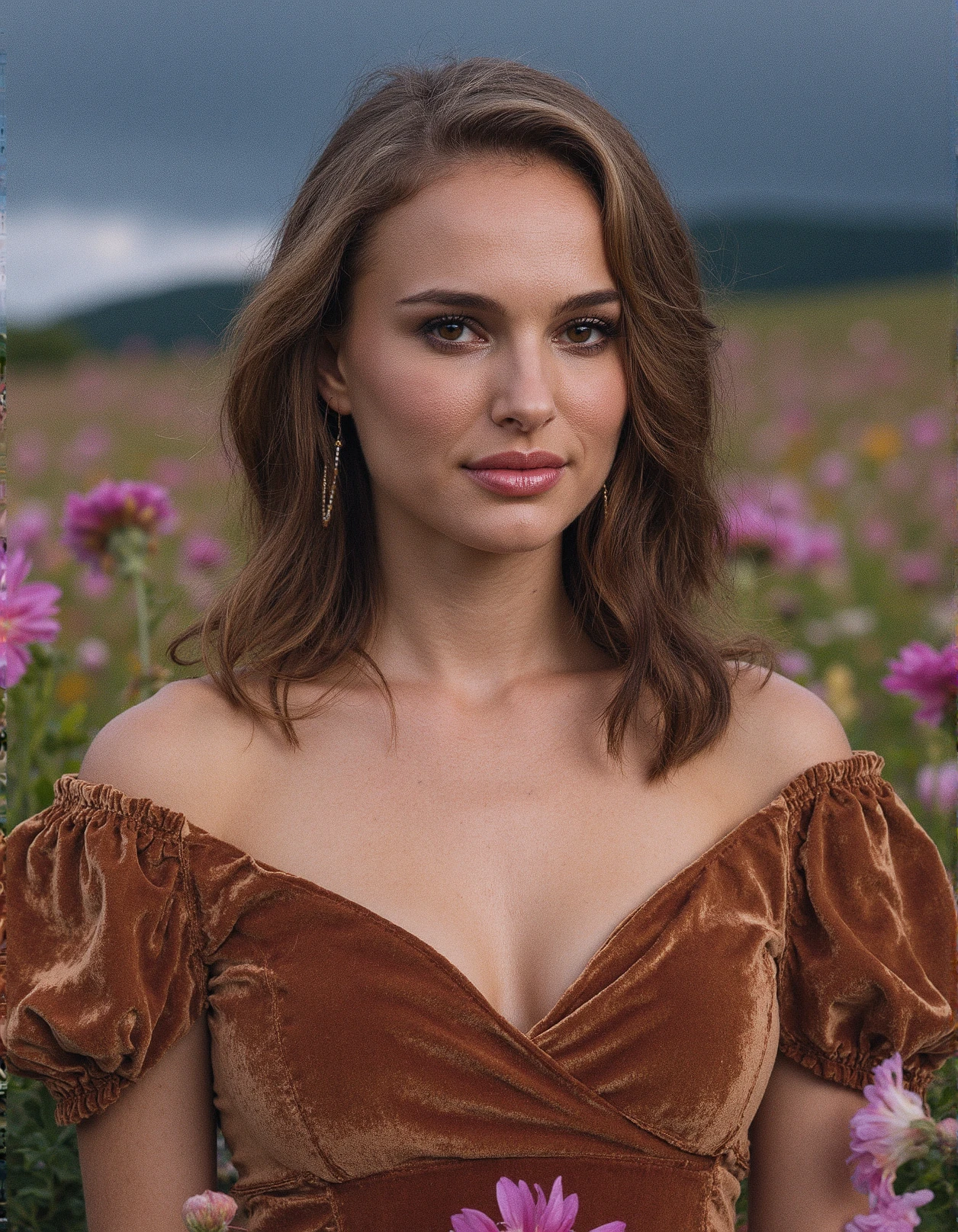 Breathtaking medium shot photography of ohwx, (Off-shoulder velvet top with puff sleeves and ruffles:1.3) , golden El Dorado,A pristine alpine meadow is carpeted with colorful wildflowers,Starry night sky,soft lighting, upper body shot, smile, (upper body framing:1.3), sensual lips, eyelashes, fine hair detail, perfect eyes, iris pattern, eyes makeup, (perfectly sharp:1.3), (head to shoulders composition:1.4), realistic textures, (deep focus:1.1), negative space around subject, 8k uhd, dslr, ultra high quality image, film grain, Fujifilm XT3