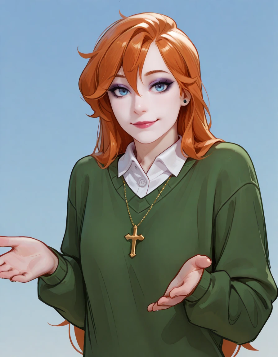 masterpiece, best_quality, ultra-detailed, absurdres, 
smile, cross necklace, solo, 
<lora:MRW_IL-06:1>, mollyredwolf, pale skin, blue eyes, makeup, long hair, orange hair, (green sweater, long sleeves, white collared shirt:1), <lora:OmniReal:0.25>, 0mn1r3al, <lora:Our_Muted_Future_Illu_Edition:0.25>, omfv2, <lora:zigouILL:0.25>, zigou, <lora:Gues-Ill-Die-IL.V1.0:1>, gues-i'll-die-il.v1.0, gues-i'll-die-il.v1.0-notext, <lora:Sketch Illustration [LoRA] - Illustrious-XL v0.1:0.25>, sketch