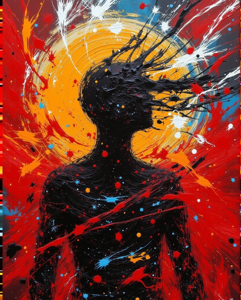 abstract_arts,abstract_arts,The image is an abstract painting featuring a central figure that appears to be a human silhouette. The figure is depicted with a sense of movement,as if caught in a whirlwind. The background is a dynamic swirl of bold colors,predominantly red,orange,and yellow,with splashes of black and white that add contrast and depth. The brushstrokes are loose and expressive,suggesting a modern impressionist style with thick paint application. The visible brush marks and paint textures contribute to the overall sense of energy and movement in the piece.,
abstract painting,characterized by a more chaotic and splattered composition. The color palette is varied,including red,blue,black,and white,with the colors appearing to be thrown or dripped onto the canvas. The painting lacks a clear central figure and instead focuses on the interplay of shapes and colors. The background is a mix of vibrant and dark hues,creating a sense of depth and complexity. The overall effect is one of spontaneity and freedom,with the paint splatters and drips suggesting a degree of improvisation and emotional expression.,