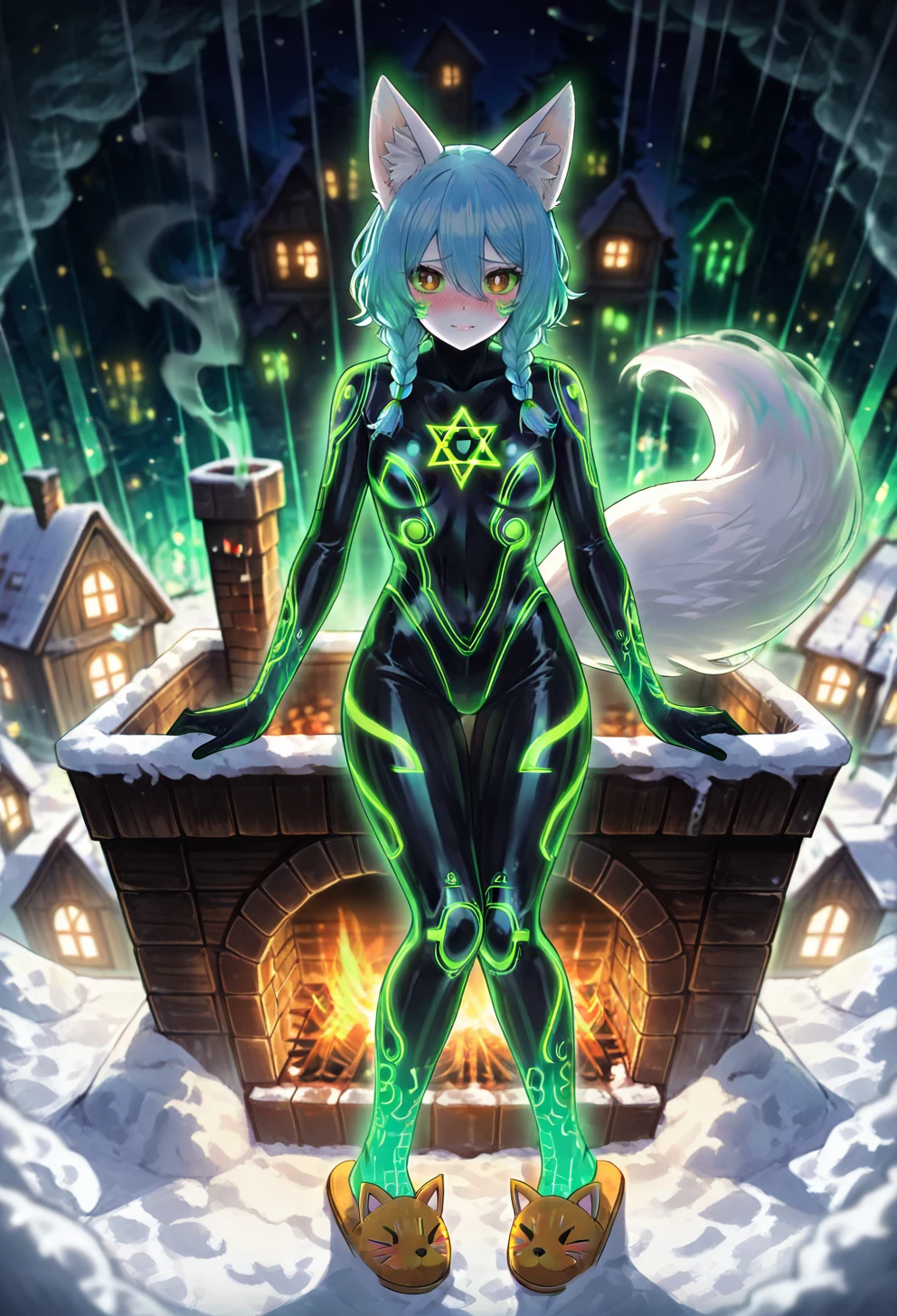 female,solo,soft vanilla silk robe over a matching lace bodysuit and slippers,blue hair,Micro Braids,hair between eyes,hair tendrils,tiny breasts,brown eyes,looking at viewer,green sclera,round pupils,white skin,1tail,fox ears,holography lipstick,pentacle,cozy mountain cabin, chimney, smoke, snow,Fading glowing symbols,Wide shot,embarrassed,dramatic shadows,Neon paint splashes,Blurred edges of shapes,lobotomycorpifitwasagachagame, <lora:Limbus_Company_r1:0.75>,