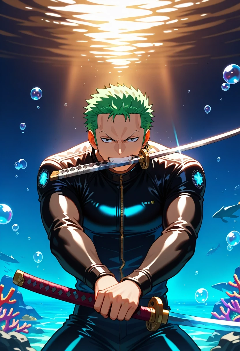 masterpiece, best quality, intricate details, (realistic:0.6), , 1boy, solo, male focus, <lora:zoro_roronoa_ilxl:0.92>, zoro_roronoa, green hair, black eyes, short hair, , sideburns, earrings, katana, holding sword, mouth hold, teeth, undersea observatory, bubble domes, coral walkways, glowing fauna, researching pose, focused expression, aquatic light, biker costume