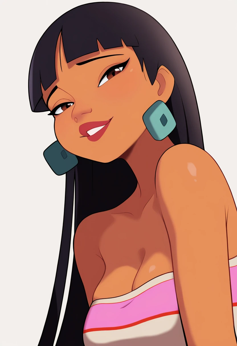 masterpiece, best quality, very aesthetic, absurdres,
1girl, chel, black hair, long hair, blunt bangs, brown eyes, dark skin, lipstick,
tube top, cleavage, bare shoulders, earrings,
upper body,
smile, solo, looking at viewer, simple background, white background, <lora:ChelNoobXL_byKonan:1>