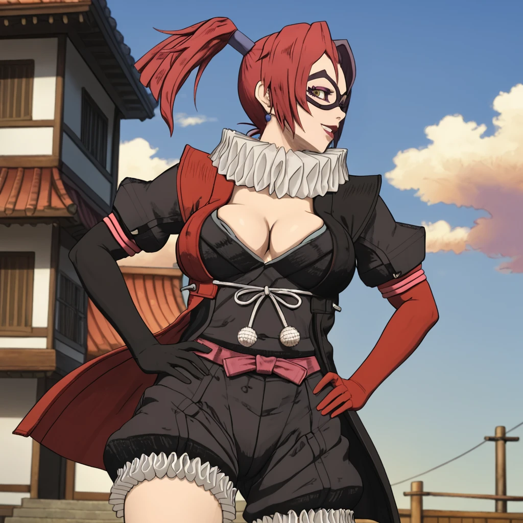 <lora:harleyquinnbatmanninja_pony_v1:.7> HarleyQuinnBatmanNinja, 1girl, large breasts, cleavage, red hair, elbow gloves, ponytail, mask, shorts, glasses, scarf, makeup, seigaiha, black gloves, japanese clothes, cowboy shot, looking at viewer, hands on hips