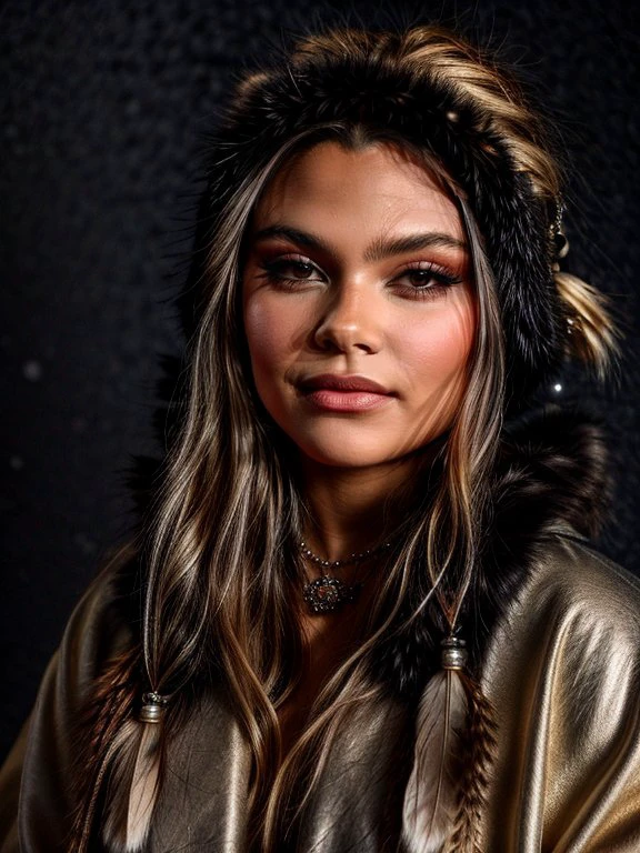 <lora:000ArianaGreenblatt:0.7>,adri,<lora:age_slider-LECO-v1:-1>,
A young woman with long blond hair,dressed in a costume reminiscent of the traditional clothing of northern peoples. She wears a fur cape with a hood,decorated with ears,and a dress with fur and leather elements. Jewelry is visible on her neck and wrists,and her hair is decorated with feathers and beads. A snowy mountain landscape is visible in the background.,, <lora:more_details:1> <lora:detailSliderALT:1>