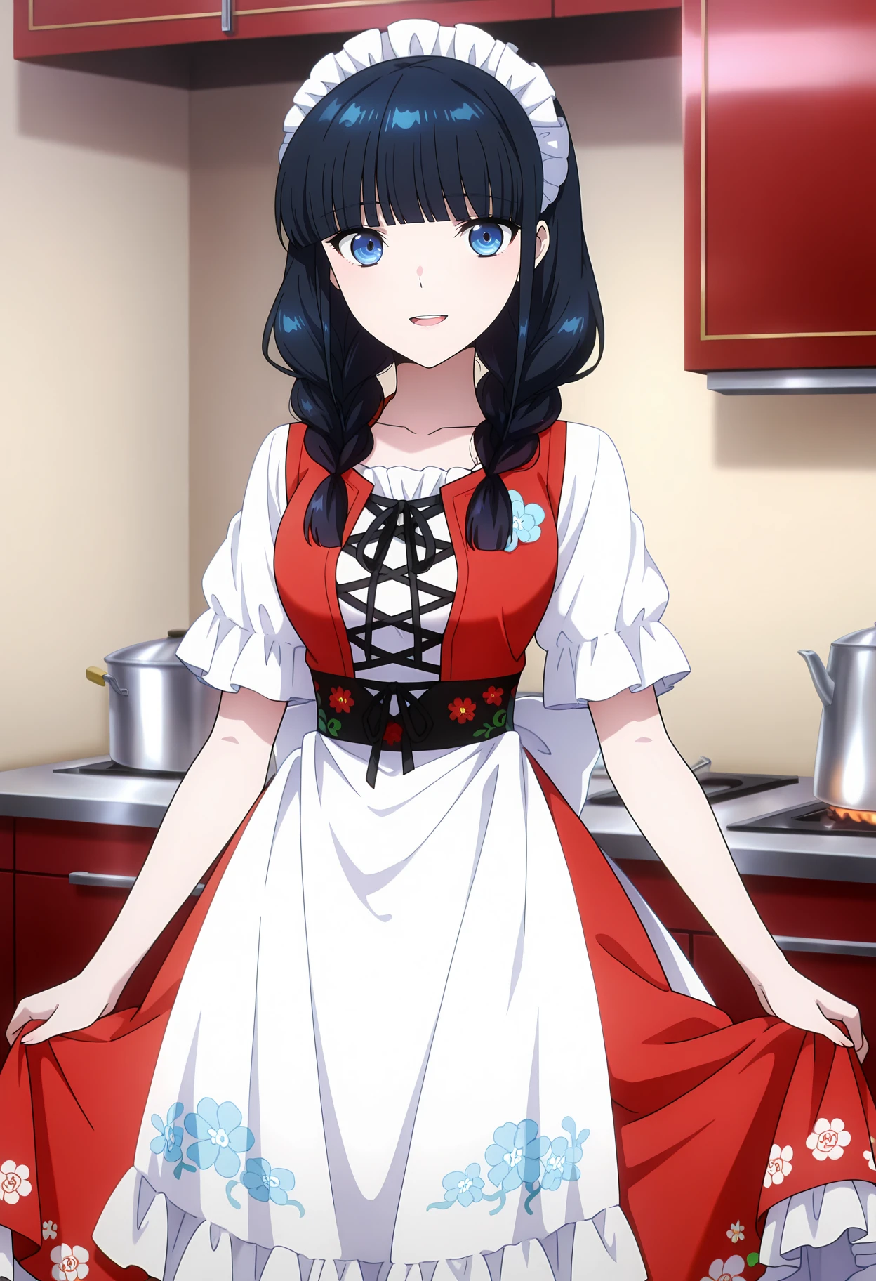 anime screencap, masterpiece, best quality,
<lora:MahoukaKoukouNoRettousei_ShibaMiyuki_IlluXL:0.9>,
1girl, solo, open mouth, light smile, upper teeth only,
twin braids, hair over shoulder, black hair, blunt bangs, blue eyes,
MiyukiTraditional, maid headdress, cross-laced dress, white dress, short sleeves, red vest, red skirt, frilled apron, white apron, floral print,
skirt hold,
looking at viewer, cowboy shot,
indoors, kitchen