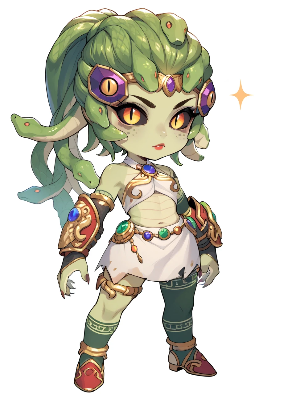 monster girl, solo, full body, chibi, white background, owmedusamaker, ponytail, circlet, snake hair, lipstick, tattoo, jewel belt, asymmetrical clothes, green skin, black sclera, slit pupils, white halterneck, skirt, bracer <lora:OW_MedusaWidowmaker-PONY:0.8>, score_9, score_8_up, score_7_up, score_6_up,