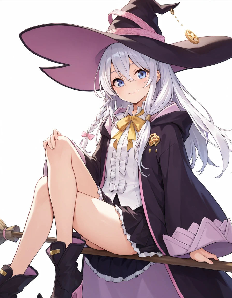 (masterpiece, best quality), 1girl, <lora:elaina:0.8> elaina, 1girl, solo, long hair, blue eyes, skirt, shirt, long sleeves, hat, bow, ribbon, hair between eyes, white shirt, white hair, boots, frills, wide sleeves, black skirt, bag, black footwear, black headwear, witch hat, frilled skirt, robe, yellow ribbon, witch, brown bag, black robe, open robe, pointy footwear,