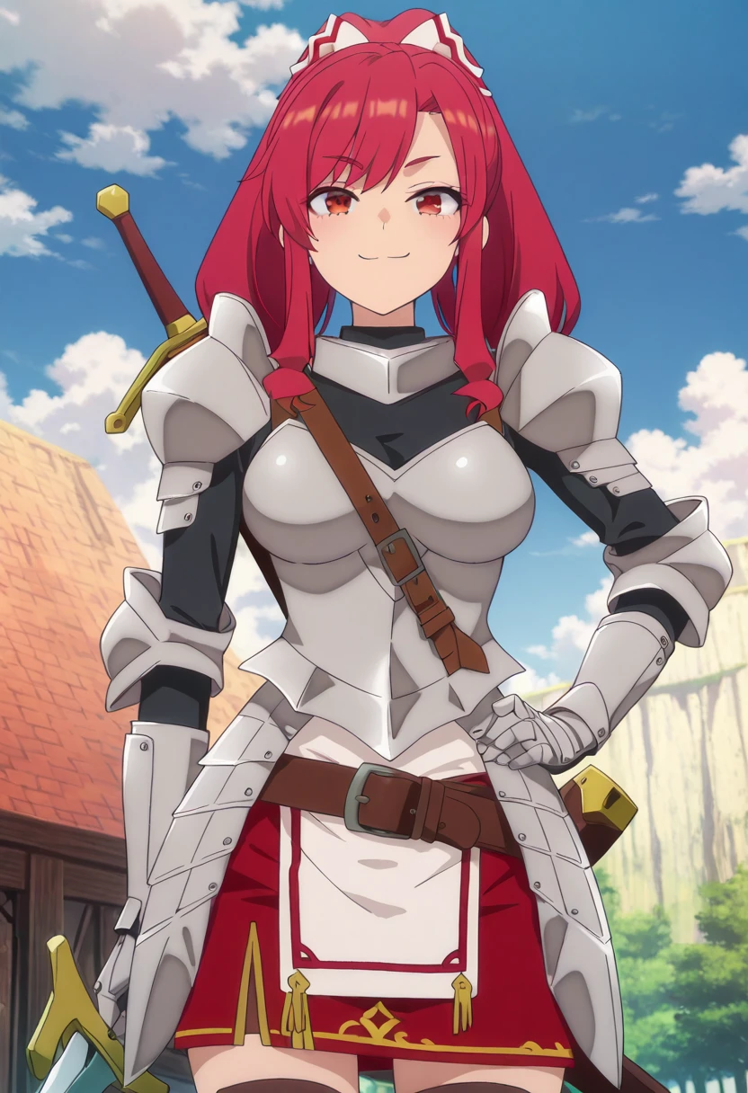 masterpiece, best quality, eyelashes, (beautiful eyes),   zzMarina, 1girl, solo, long hair, breasts, looking at viewer, bangs, skirt, red eyes, thighhighs, brown eyes, closed mouth, standing, ponytail, weapon, sidelocks, red hair, cowboy shot, outdoors, sky, day, belt, sword, cloud, armor, blurry, blurry background, red skirt, shoulder armor, breastplate, smug, hand on hip, smile,   ,<lora:ARankPartyStyle_IXL:1.0>,