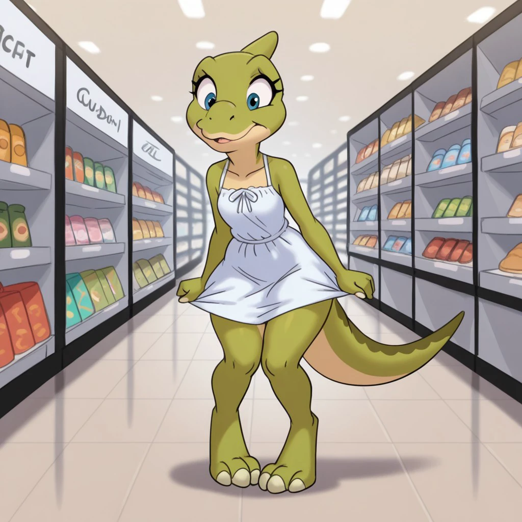 masterpiece, best quality, amazing quality, Duckylbtil, anthro, female, Saurolophus, dinosaur, green skin, digitigrade, sundress,shopping at the mall,