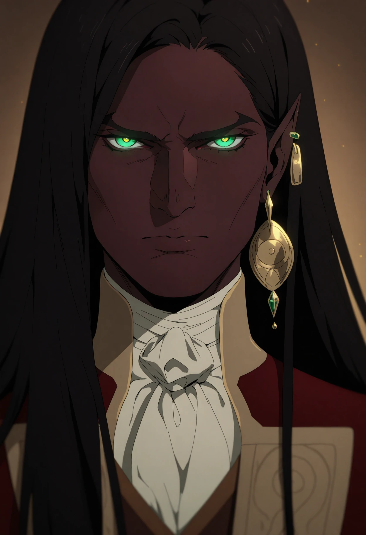 <lora:CastlevaniaNocturneILXL:1> n0cturn3,
1boy, earrings, dark-skinned male, male focus, green eyes, jewelry, dark skin, long hair, solo, looking at viewer, pointy ears, ascot, portrait, black hair, single earring, white ascot, closed mouth, glowing eyes, upper body, glowing, brown background, serious, close-up, masterpiece, best quality, amazing quality, intricate detail, highly detailed, absurdres,
