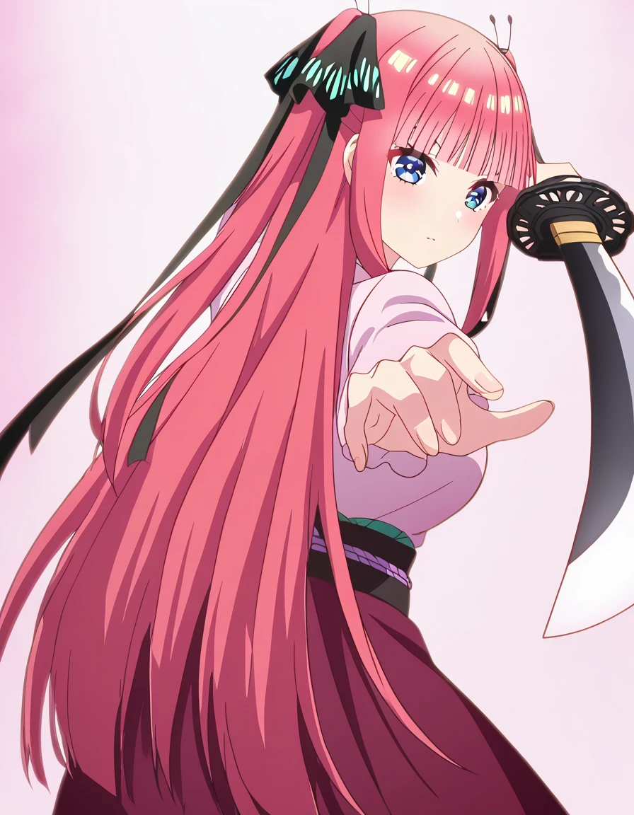 masterpiece, best quality, newest, absurdres, highres, safe,, <lora:nnakano-s2-ponyxl-lora-nochekaiser:1>, long hair, bangs, blue eyes, hair ornament, hair ribbon, pink hair, blunt bangs, two side up, butterfly hair ornament, large breasts, anime screencap, <lora:gatotsu-stance-illustriousxl-lora-nochekaiser:1>, gatotsu stance, weapon, sword, katana, holding weapon, holding, holding sword, foreshortening, japanese clothes, kimono, looking at viewer,, ,