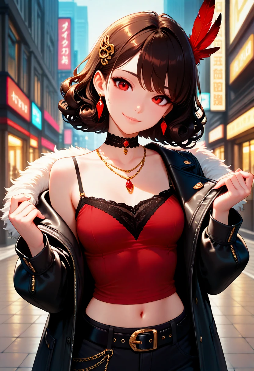 IllusP0s, 1girl, solo, smile, short hair, brown hair, black hair, long sleeves, hair ornament, red eyes, navel, closed mouth, jewelry, jacket, earrings, frills, open clothes, choker, belt, midriff, off shoulder, necklace, black jacket, hands up, fur trim, head tilt, feathers, red shirt, lace trim, black belt, black coat, camisole, curly hair, feather hair ornament, red feathers, looking at viewer, city street, tokyo