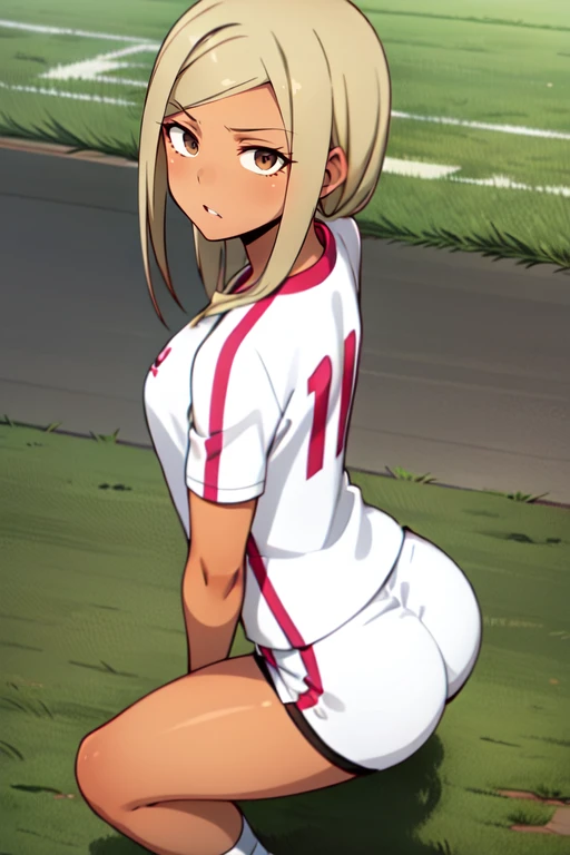 1 girl,,petiround face,big eyes,Drooping eyes,large breasts,pointy breasts,cleavage,blush,embarrassed,happy,wet,photorealistic,nero,(((white gym uniform))),(((ass focus))),from behind,(((all fours))),(((clothes lift))),