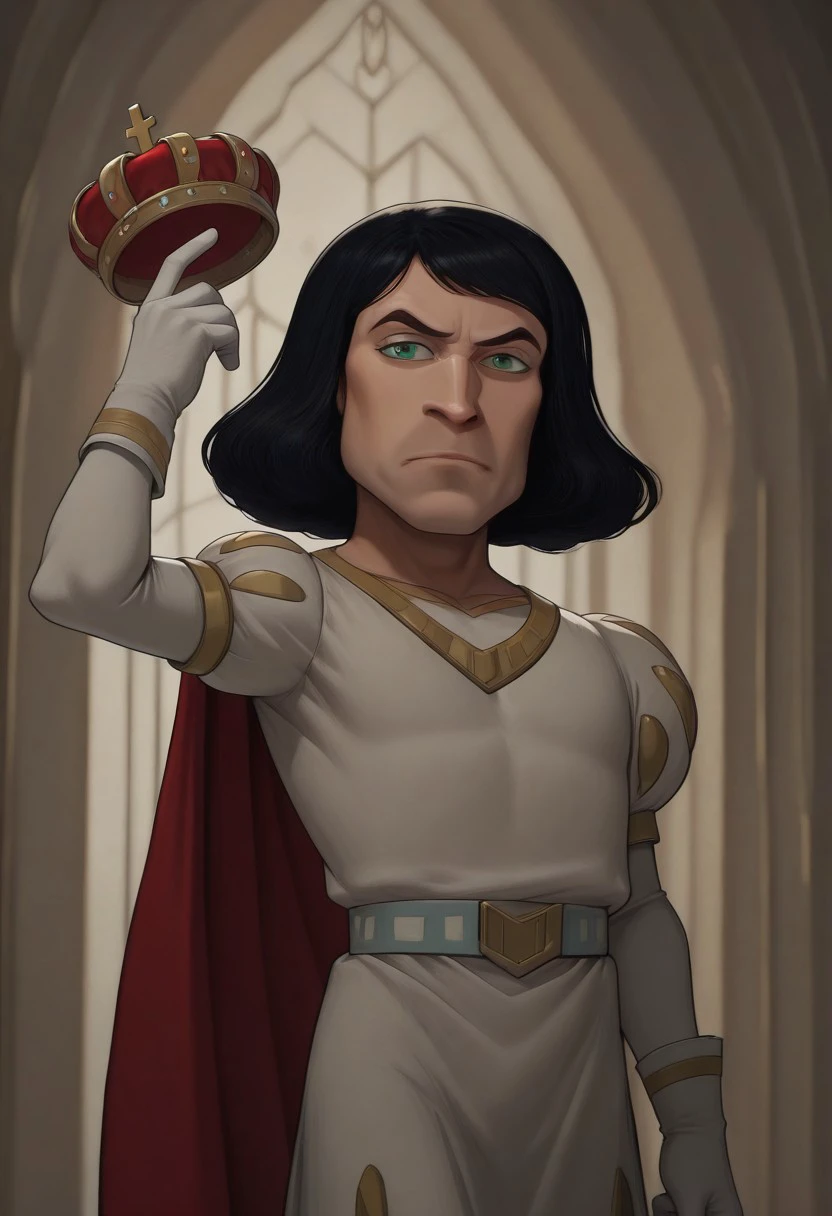 masterpiece, best quality, newest, absurdres, highres, anime, anime style, Lord-Farquad-IL-wedding outfit, short hair, white gloves, cape, gloves, green eyes, white outfit, black hair, crown, holding crown,