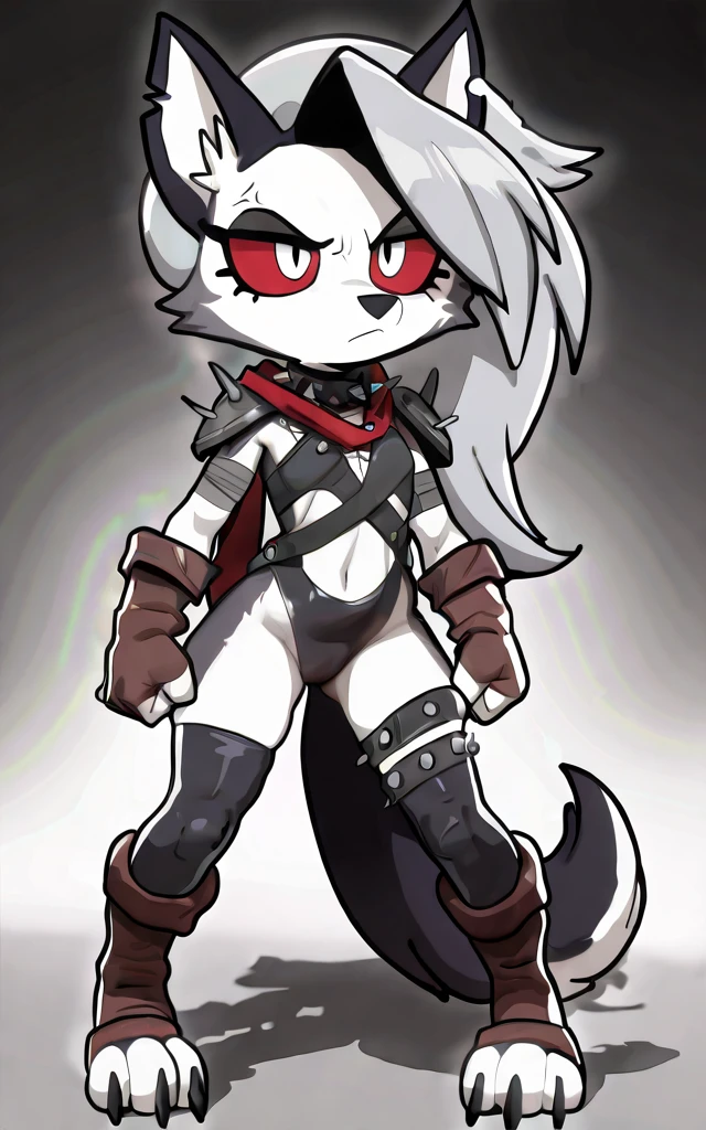 ((loona)), furry female, anthro, ((masterpiece)), ((high resolution)), ((cartoon style)), ((solo full body portrait)), (child:1.3), (6 :1.4), (athletic figure), (toned body), (grey fur), (white underbelly), (black nose), (long grey hair), (cute white eyes), (red sclera), (annoyed frown), leather gloves, black leather bandage mask, armor, boots, red scarf, Long scarf with 2 spiked rings at the end, bandage leather leotard, clothing cutout, black thigh strap, toeless leather bandage legwear with spikes, shoulder armor whit spikes, (ready for battle:1.2)