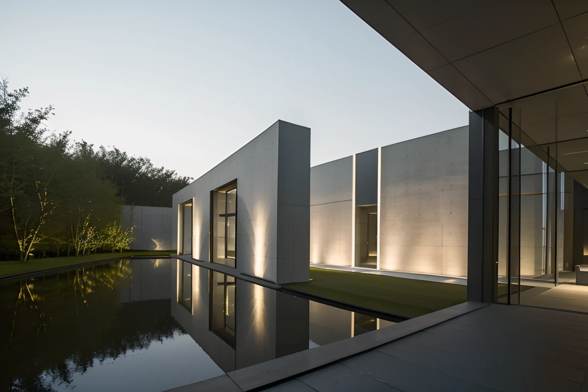 <lora:JJsConcreteArchitecture:0.7> , (concrete architecture),((best quality)),((masterpiece)),((realistic)), outdoor, building, blue sky , road, no human, glass, door, window, grass, water,, architecture photography, striking structures, clean lines, geometric shapes, dramatic angles, play of light and shadow, capturing architectural details, showcasing design elements, evoking mood, professional lighting, precise compositions, emphasizing scale and proportion, creating depth, architectural storytelling, capturing iconic landmarks, immersive experience