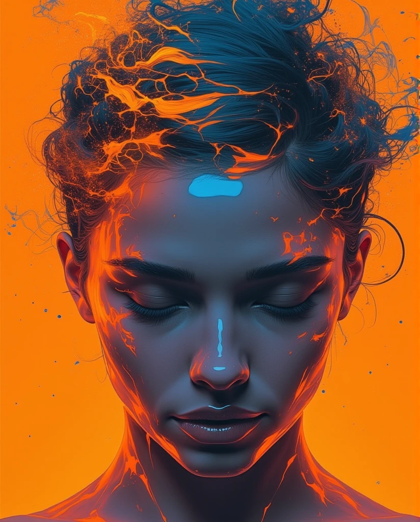 abstract_arts,A digital art piece featuring a stylized portrait of an individual with closed eyes, set against vibrant orange and blue hues.