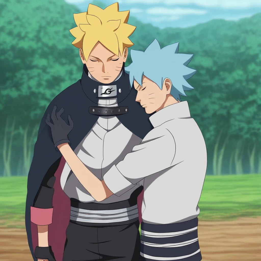 (score_9, score_8_up, score_7_up), 1boy, Boruto, Boruto Timeskip, male, muscular male, blond hair, black cape closed, solo, outdoors, blue eyes , male, solo, looking at viewer, perfect face:01, official style, official art, one eye closed , bbrto_tbvotx, pants, male focus, one glove, headband with konohagakure symbol, white shirt, black jacket, whisker markings, black gloves, pillarboxed