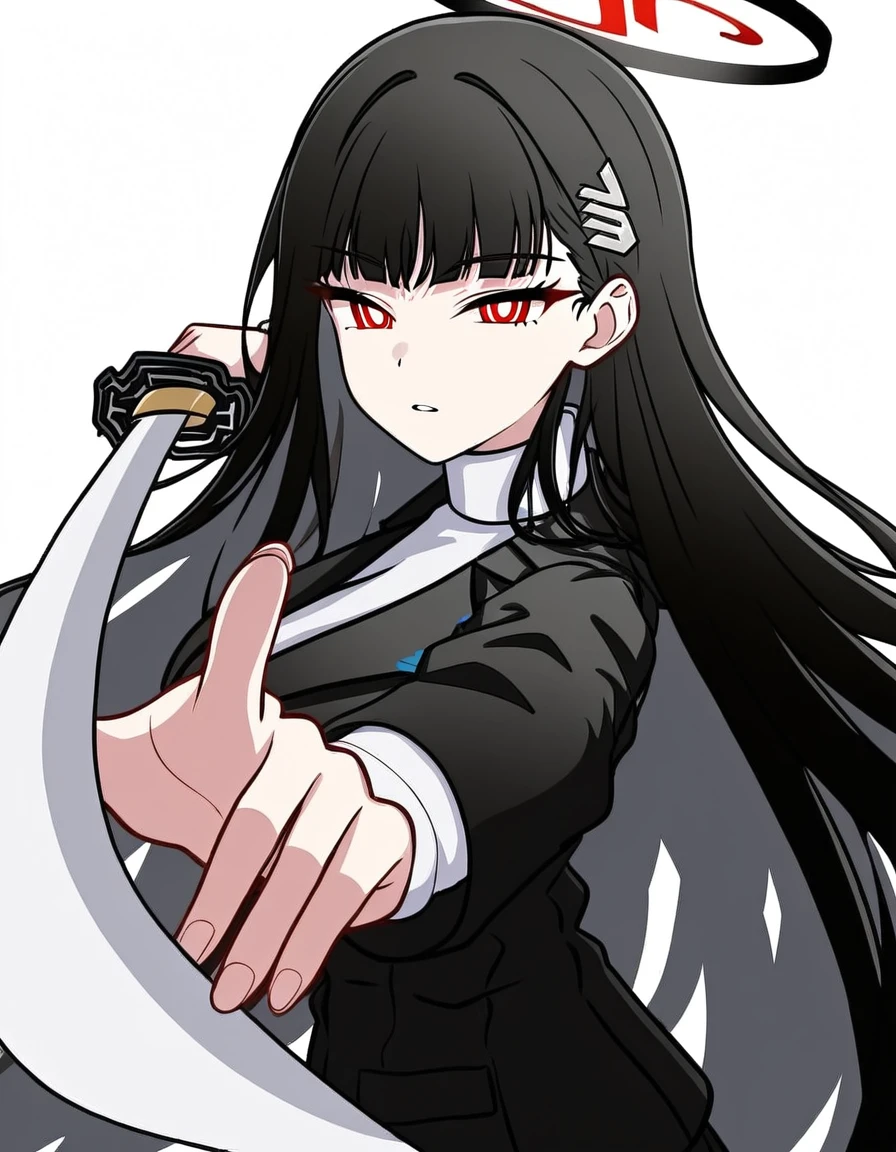 masterpiece, best quality, newest, absurdres, highres, safe,, <lora:rio-tsukatsuki-ponyxl-lora-nochekaiser:1>, rio, black hair, red eyes, hair ornament, hairclip, halo, long hair, white pupils, large breasts, <lora:gatotsu-stance-illustriousxl-lora-nochekaiser:1>, gatotsu stance, weapon, sword, katana, holding weapon, holding, holding sword, foreshortening, japanese clothes, kimono, looking at viewer,, ,