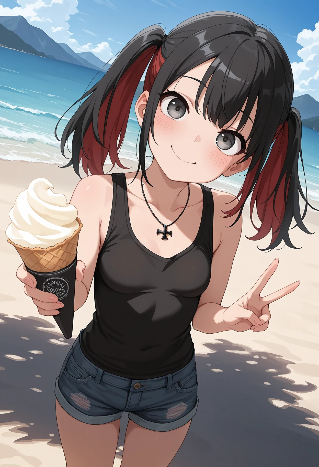 Girl with wavy red hair tied in a ponytail, black cap, brown eyes, black bikini, on a beach, ice cream.