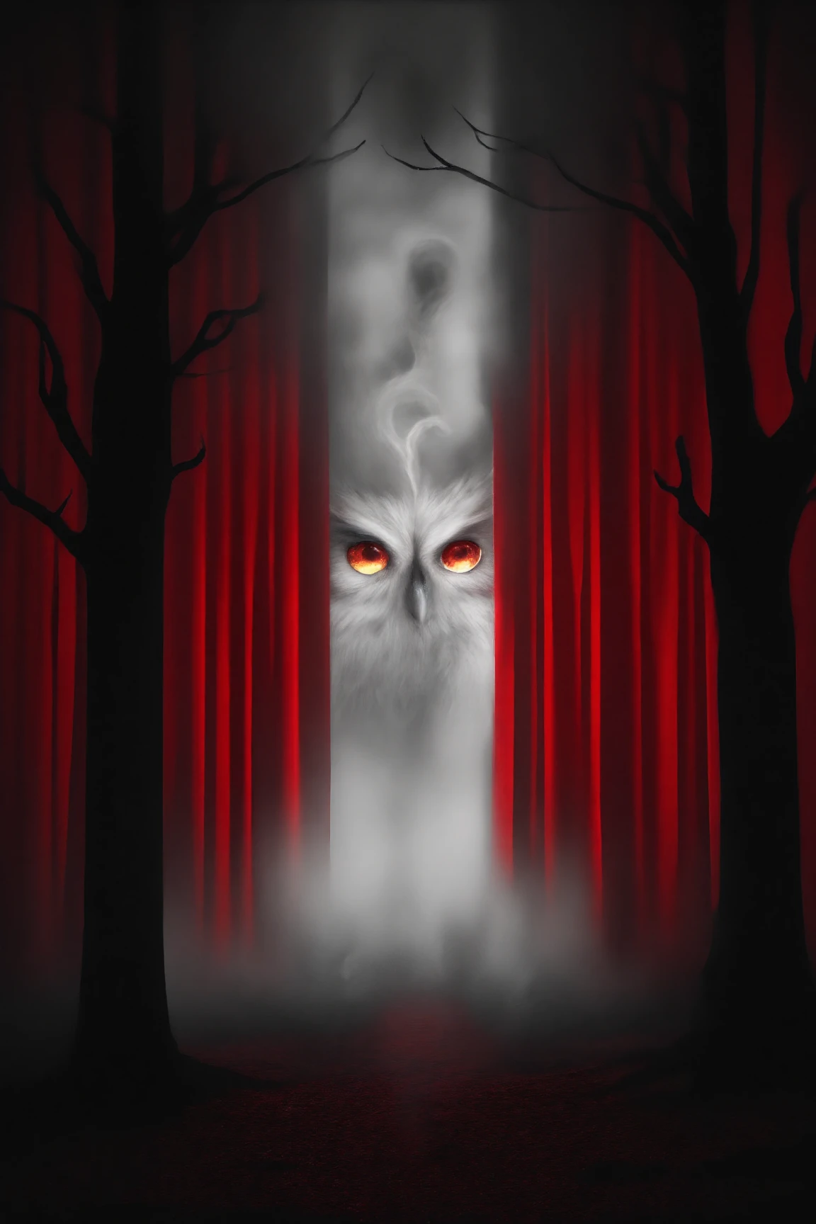 Red velvet curtains amidst heavy mist and fog and smoke and the curtains parted open just enough to reveal two fiery owl eyes in the darkness, staring directly at viewer, very sinister unnerving unsettling feeling, mysterious, hsubting ethereal terror, cerebral horror