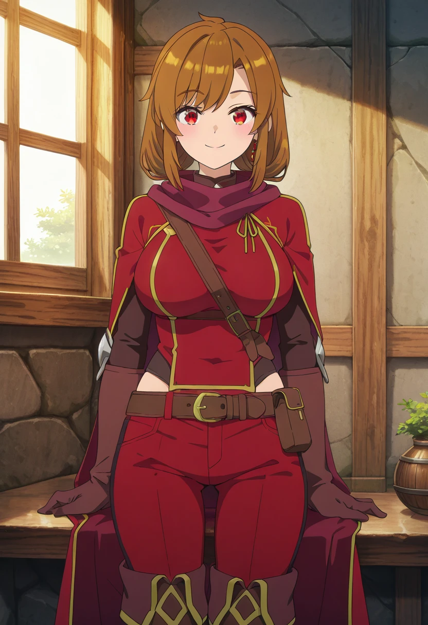 masterpiece, best quality, eyelashes, (beautiful eyes),    zzYuke, solo, 1girl, big breasts, red eyes, brown hair, short hair, gloves, boots, belt, pants, cape, thigh boots, brown footwear, brown gloves, red pants,    smile, looking at viewer,   ,<lora:ARankPartyStyle_IXL:1.0>,