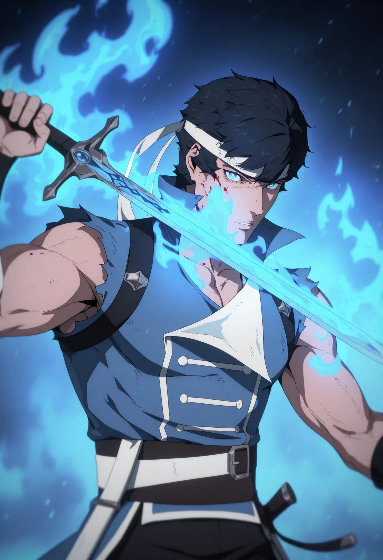 <lora:CastlevaniaNocturneILXL:1> n0cturn3,
1boy, male focus, blue fire, solo, holding, weapon, muscular male, muscular, holding weapon, fire, sword, black hair, blue eyes, looking at viewer, holding sword, short hair, headband, upper body, blue hair, sleeveless, blood, masterpiece, best quality, amazing quality, intricate detail, highly detailed, absurdres,