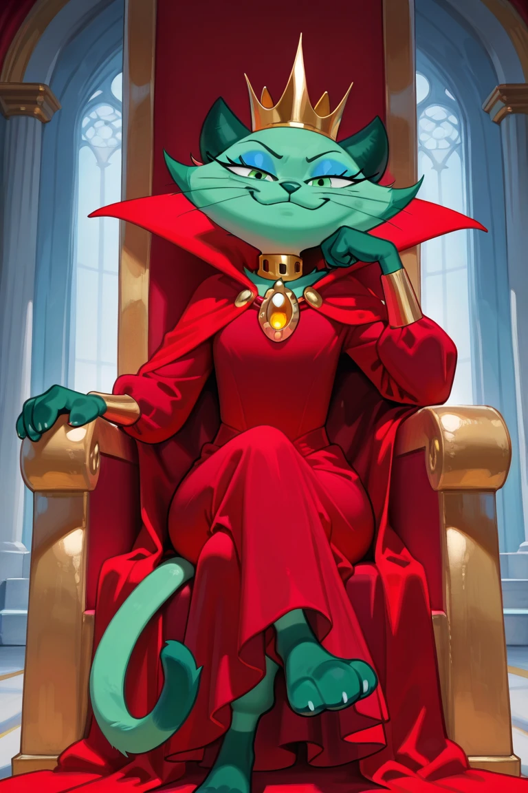 masterpiece, best quality, amazing quality, very aesthetic, high resolution, ultra-detailed, absurdres, newest BREAK 1girl, solo, c4tnip, anthro, furry female, cat ears, cat tail, blue eyeshadow, green fur, dark green fur, two-tone fur, light green eyes, dark green ears, whiskers, princess, crown, queen, gold brooch, crossed legs, sitting, smug, looking to viewer, amused, intrigued, gold crown, gold collar, yellow gemstone, red dress, royal cloak, confident, half-closed eyes, smile, three-quarter view, palace, on throne, indoors, throne room