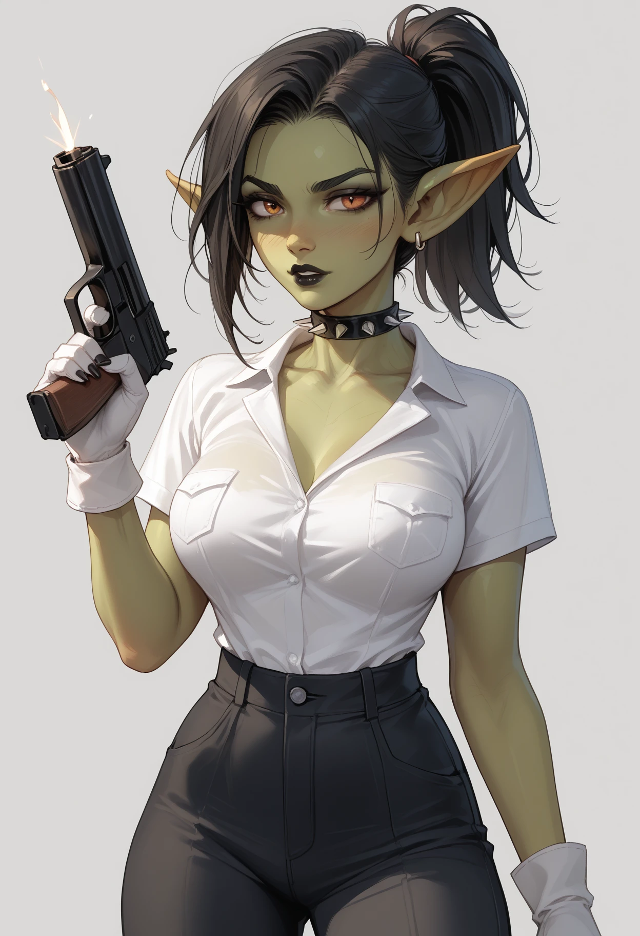 score_9, score_8_up, score_7_up, score_6_up, score_5_up, masterpiece, best quality, high detail, volumetric lighting, dark, shadow, <lora:NM_Goblin_girl:1>, BREAK NM_Goblin_girl, 1girl, green skin, long pointy ears, colored skin, goblin, spiked choker, solo, black pants, pants, pointy ears, ponytail, makeup, fewer digits, spikes, fingernails, black lips, handgun, shirt, weapon, white gloves, jewelry, grey background, earrings, black nails, gun, black choker, white shirt, choker, black hair, gloves
