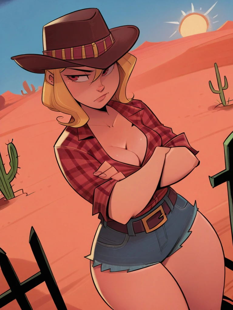 One girl, cowboy_hat, dark_skin, blue_eyes, western, NSFW, desert, holding a revolver, cowboy_outfit, open shirt, ripped clothes, sweating, dirty,