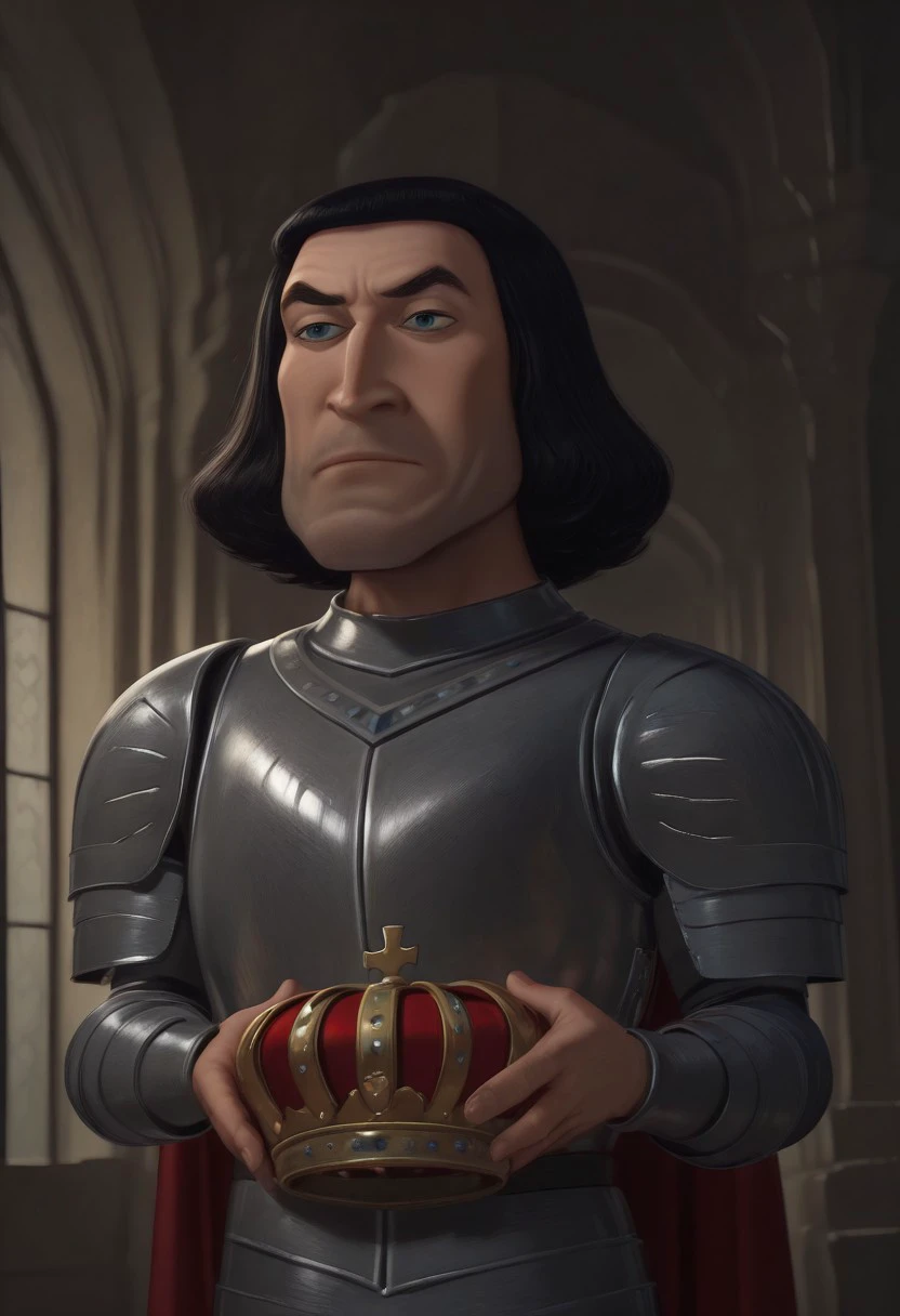 masterpiece, best quality, newest, absurdres, highres, anime, anime style, Lord-Farquad-IL-V1.0, armor, crown, holding crown, black hair,