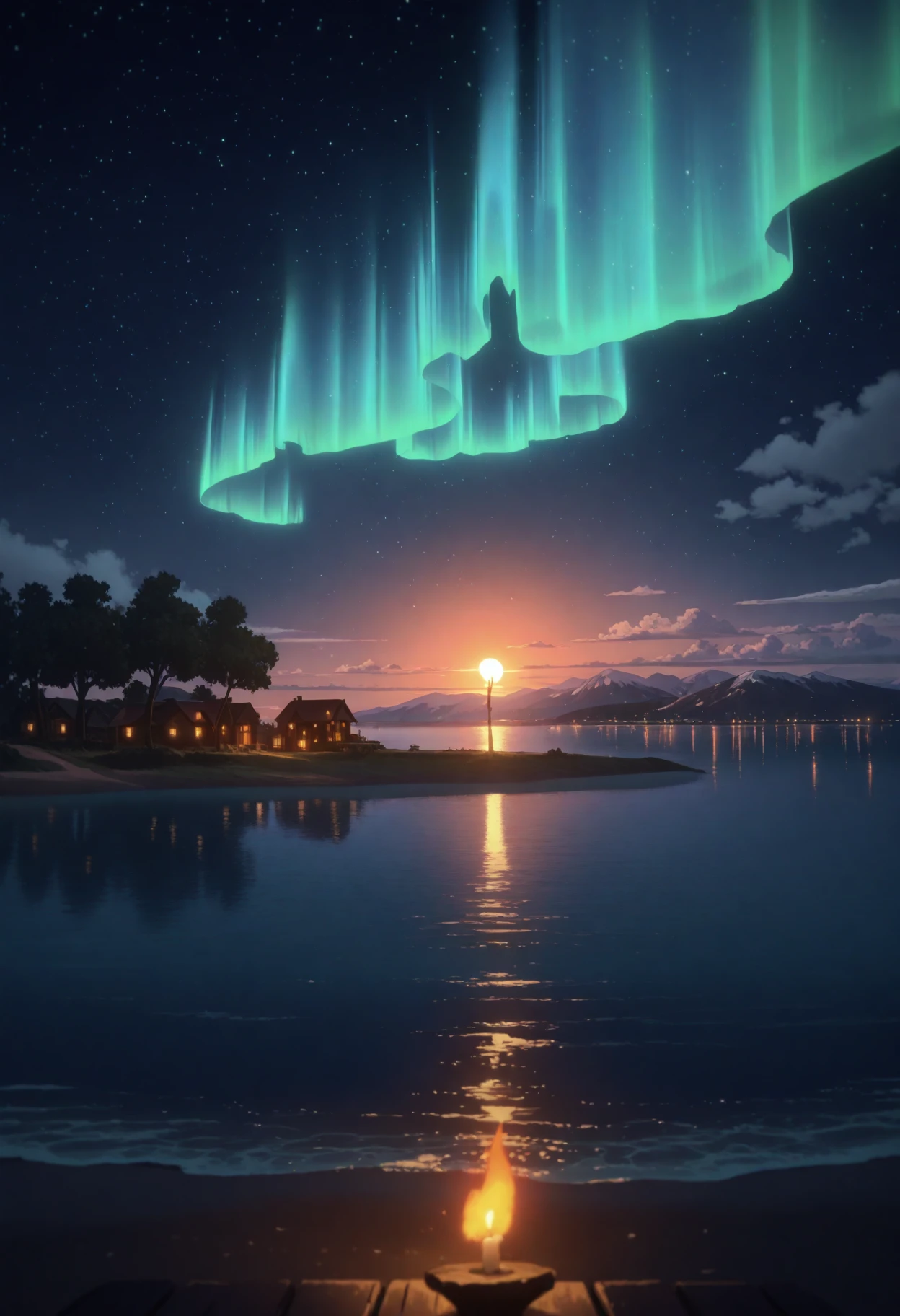 <lora:CastlevaniaNocturneILXL:1> n0cturn3,
scenery, ((sky)), cloud, tree, ocean, no humans, outdoors, star, water, horizon, aurora, house, cloudy sky, sunset, starry sky, torch, shore, night, night sky, candle, building, lake, island, sunrise, mountain, fire, reflection, landscape, door, masterpiece, best quality, amazing quality, intricate detail, highly detailed, absurdres,