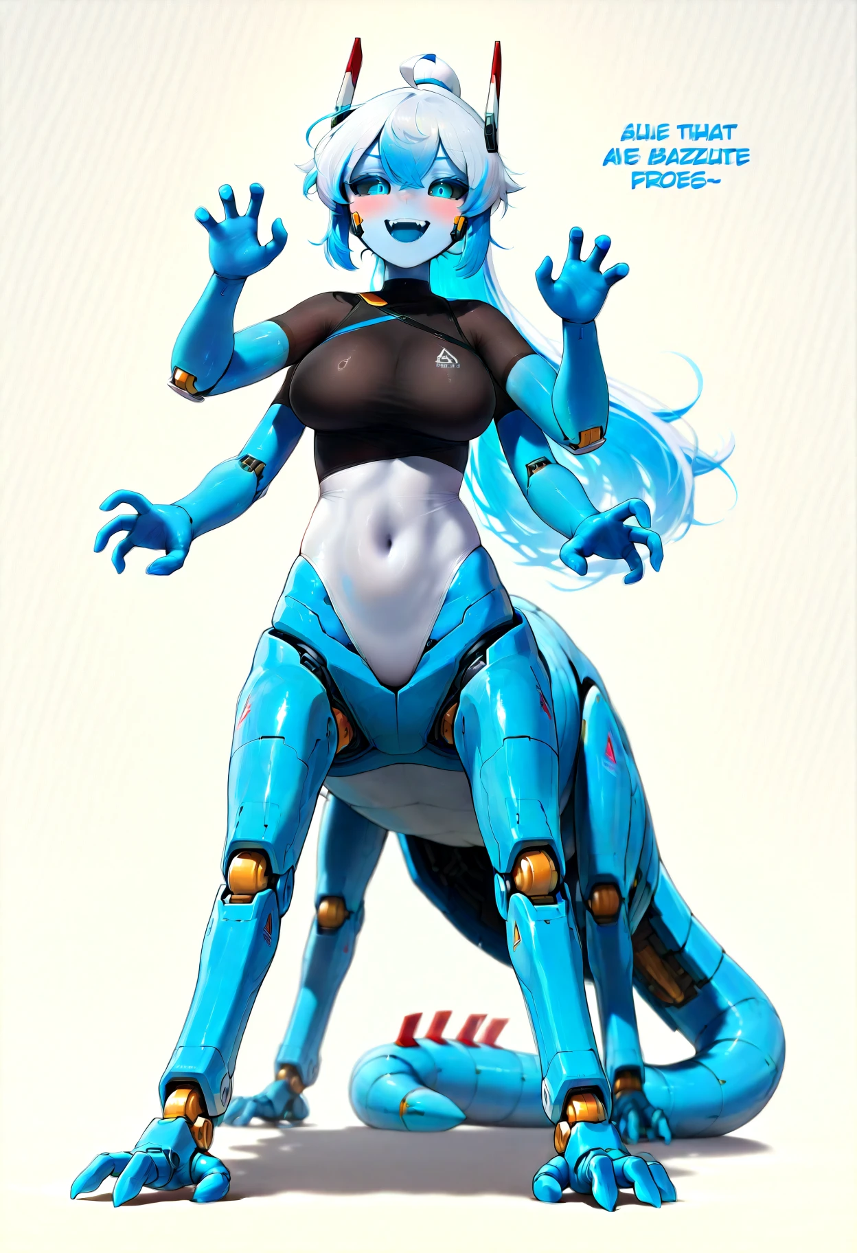 rimworld,  (1girl, blue eyes, parted lips, facial mark,grey skin,antennae), solo, [oni horns],  <lora:moyoFromRimworld_moyoV1:.9>, tail, long blue hair, gloves, futuristic bodysuit, masterpiece, best quality, flat color, colorful,  dark grey skin,  masterpiece, best quality,  multiple views, front back and side view, manga panel, concept art, simple background, <lora:bodysuit_v10:.2>  naneemana style, <lora:nameenamastyle:.4>,