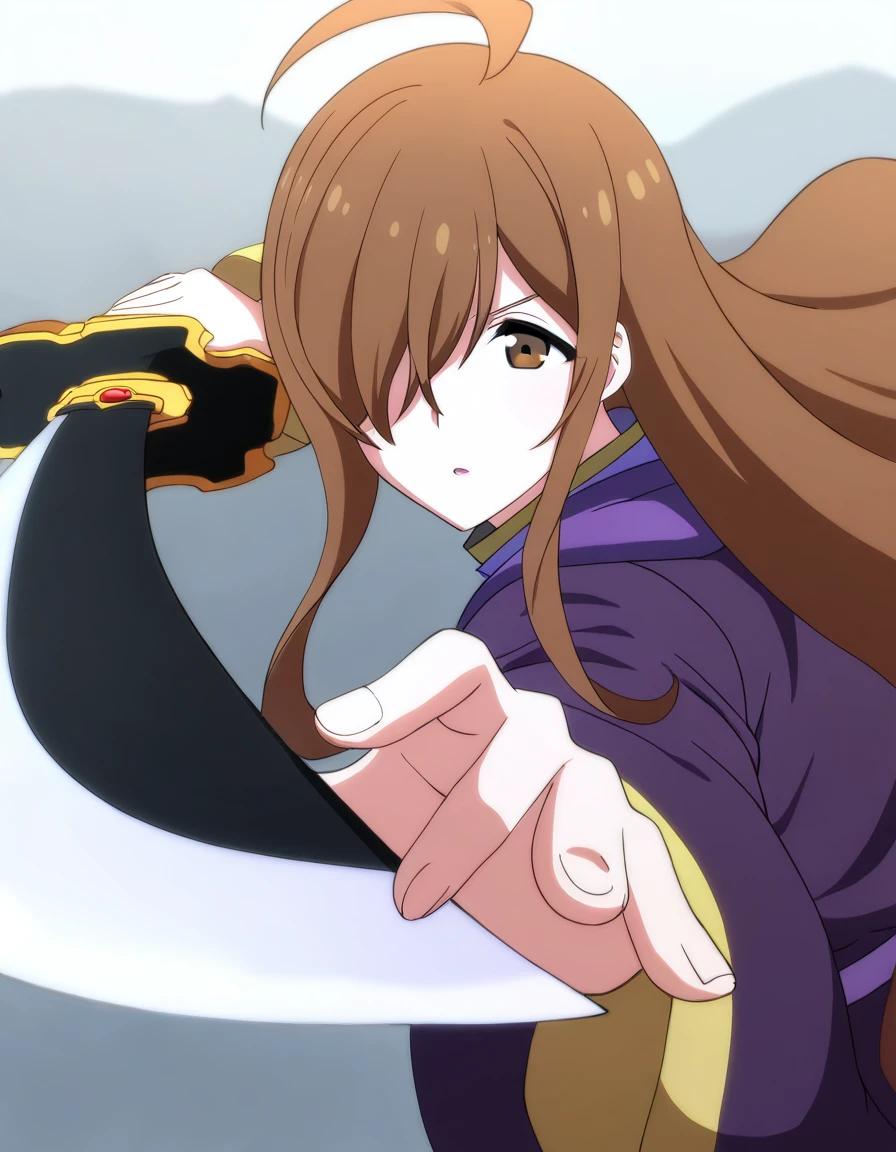masterpiece, best quality, newest, absurdres, highres, safe,, <lora:konosuba-wiz-s1s2-ponyxl-lora-nochekaiser:1>, wiz, ahoge, brown eyes, light brown hair, hair over one eye, long hair, mature female, large breasts, anime screencap, <lora:gatotsu-stance-illustriousxl-lora-nochekaiser:1>, gatotsu stance, weapon, sword, katana, holding weapon, holding, holding sword, foreshortening, japanese clothes, kimono, looking at viewer,, ,