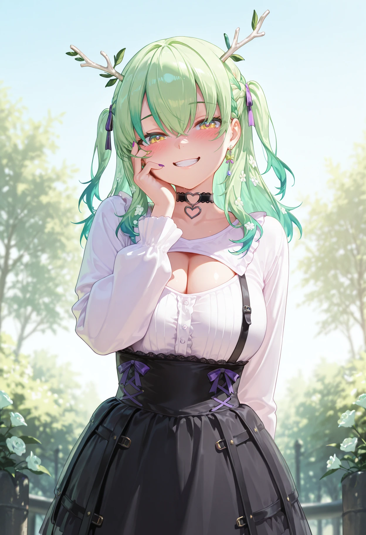 masterpiece, best quality, amazing quality,  
 <lora:faunaIL:1>, faunaIL, faunajiraikei, antlers, long hair, two-side up, purple bow, heart choker, earrings, white shirt, cleavage cutout, black skirt, high-waist skirt, braid, two side up, bow, frills, choker, branch, 1girl, solo, smile, cowboy shot, hair ribbon, outdoors, day, flower, teeth, blush, hand on own face, nail polish, looking at viewer,