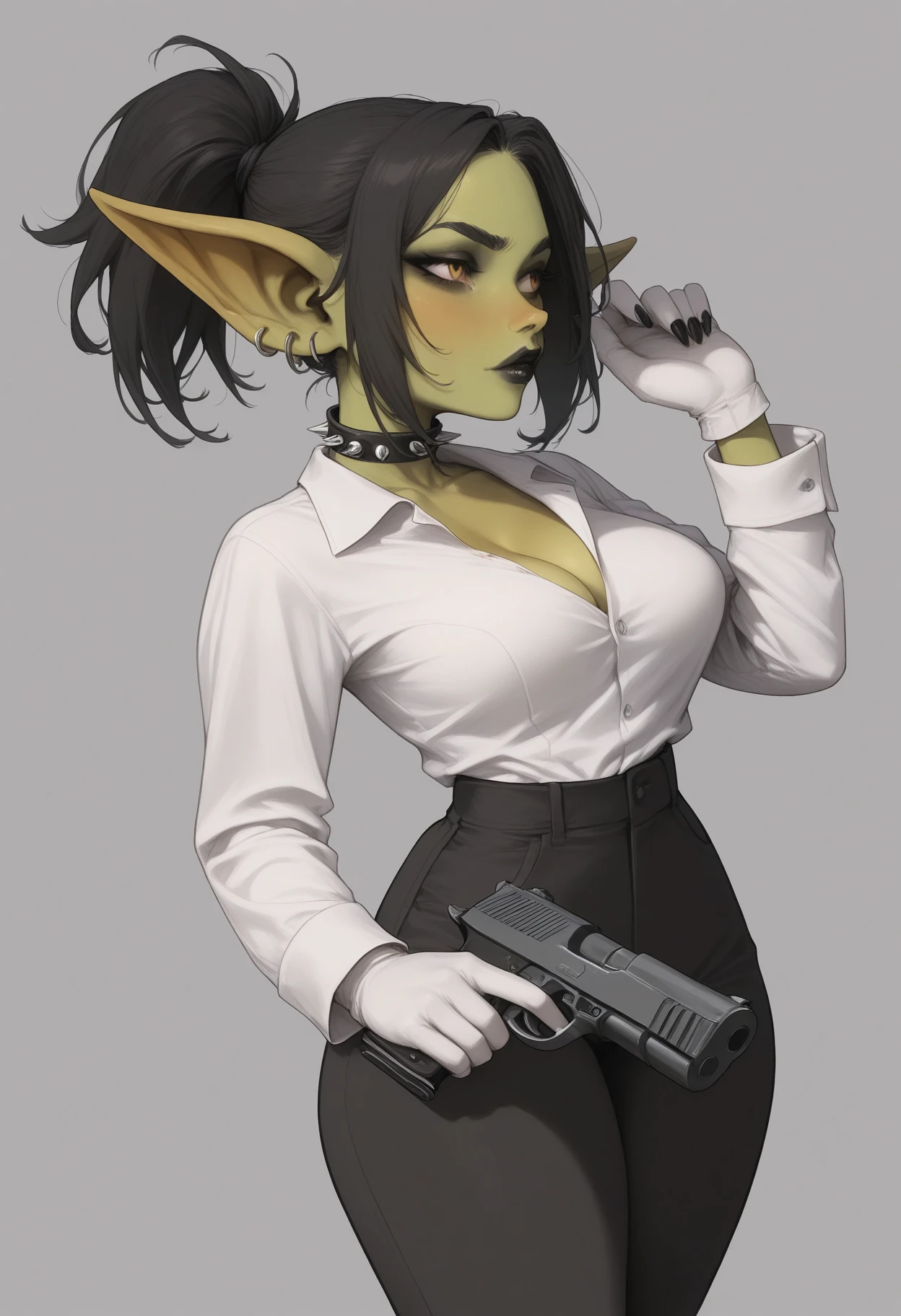 score_9, score_8_up, score_7_up, score_6_up, score_5_up, masterpiece, best quality, high detail, volumetric lighting, dark, shadow, <lora:NM_Goblin_girl_ill:1>, BREAK NM_Goblin_girl, 1girl, green skin, long pointy ears, colored skin, goblin, spiked choker, solo, black pants, pants, pointy ears, ponytail, makeup, fewer digits, spikes, fingernails, black lips, handgun, shirt, weapon, white gloves, jewelry, grey background, earrings, black nails, gun, black choker, white shirt, choker, black hair, gloves