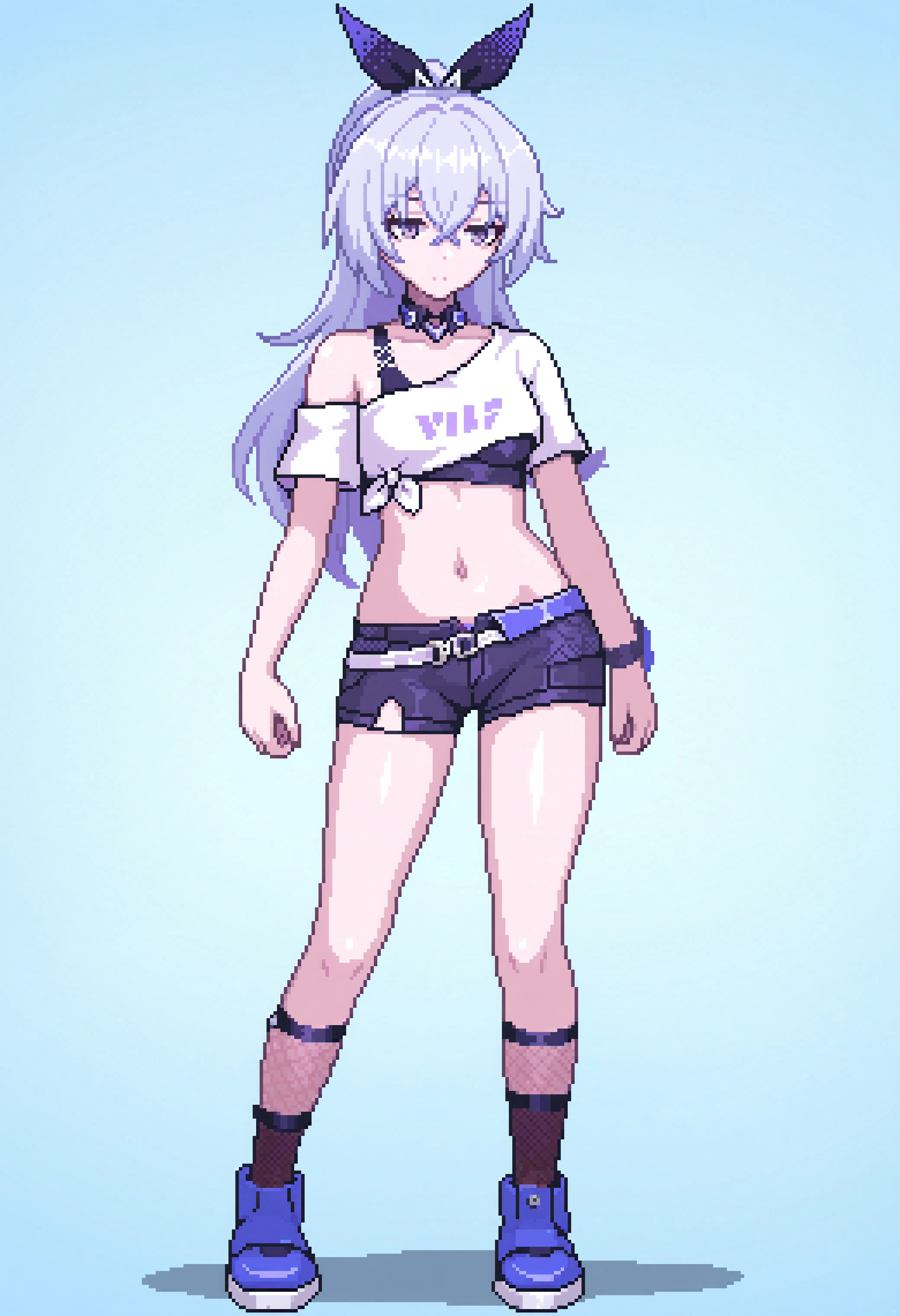 silver_wolf_(honkai:_star_rail)
masterpiece best quality, newest,
1girl, solo, standing, contrapposto, full body, tachi-e, single-shoulder shirt , fishnet socks, shorts,