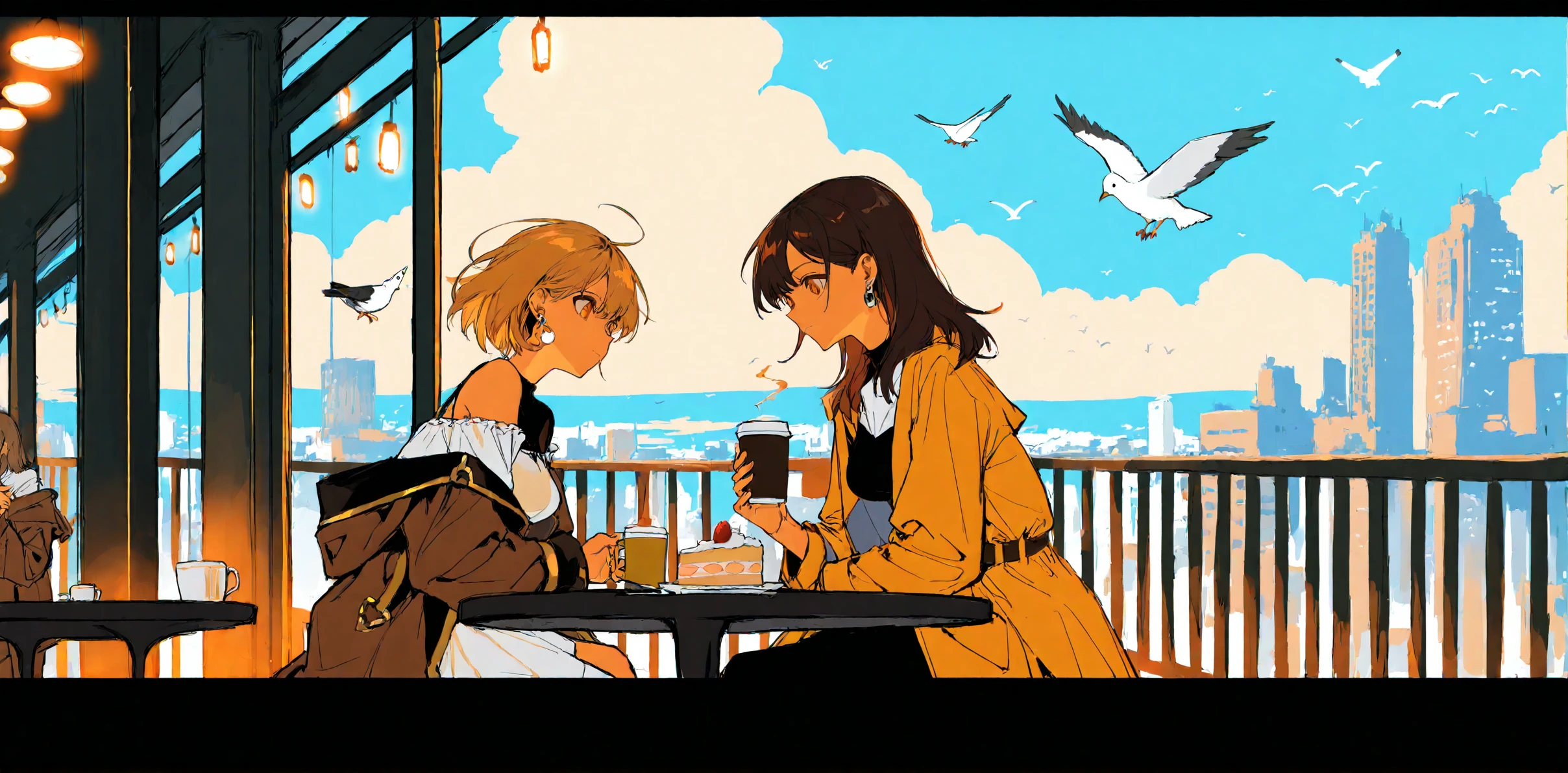 best quality,masterpiece,absurdres,newest,
<lora:damcstyle_P-000018:0.9> ,
(damctyle:1.2),
long hair, breasts, short hair, shirt, blonde hair, multiple girls, brown hair, long sleeves, dress, holding, closed mouth, 2girls, bare shoulders, sitting, medium breasts, brown eyes, jacket, white shirt, yellow eyes, outdoors, earrings, open clothes, food, sky, day, medium hair, cloud, white dress, off shoulder, looking at another, black dress, coat, blue sky, cup, orange eyes, bird, table, holding cup, building, letterboxed, open coat, cake, brown jacket, mug, city, off-shoulder dress, railing, cityscape, disposable cup, brown coat, coffee, skyscraper, seagull, coffee cup, cafe, dove, yellow coat, white bird,This is a vibrant digital artwork in an anime style, depicting two characters in a modern, urban setting with a futuristic, dystopian feel. The background features tall, sleek skyscrapers with a mix of glass and metallic textures, some illuminated by bright, warm lights, while others are dark and imposing. The sky is clear with scattered white clouds, and several birds fly around, adding a sense of freedom to the scene.
The foreground focuses on two young women seated at a small round table on a balcony. The woman on the left has light brown hair, styled in loose waves, and is wearing a white off-shoulder dress with long sleeves, adorned with gold accents. She holds a steaming mug with both hands, looking down at it with a calm expression. The woman on the right has short, dark brown hair with a side part and wears a tan trench coat over a white shirt, with a black and gold collar. She is leaning slightly forward, her face animated with an intense conversation or reaction, as she also holds a mug.
The balcony railing is black, and the overall color palette is a mix of warm and cool tones, creating a striking contrast between the characters and the urban environment.