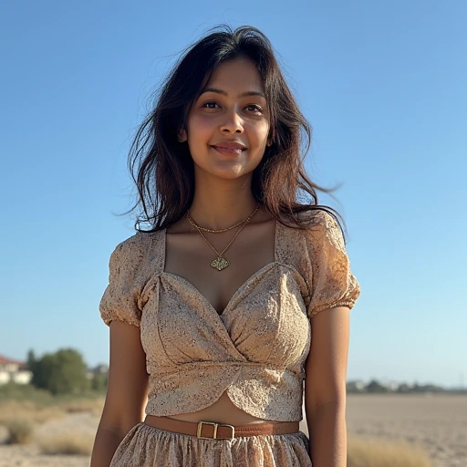 (Cute Arab teen glamour model), arab teen, dark skin, full body, youthful, young, teen, teenager, shy, detailed (looking at the camera), outdoor lighting, Melanin, huge breasts, blonde curly hair, Athleta Swimwear, pretty, beautiful, gorgeous, thin, skinny, dainty, delicate, cleavage, flirting, shy smile, armpits, showing armpits