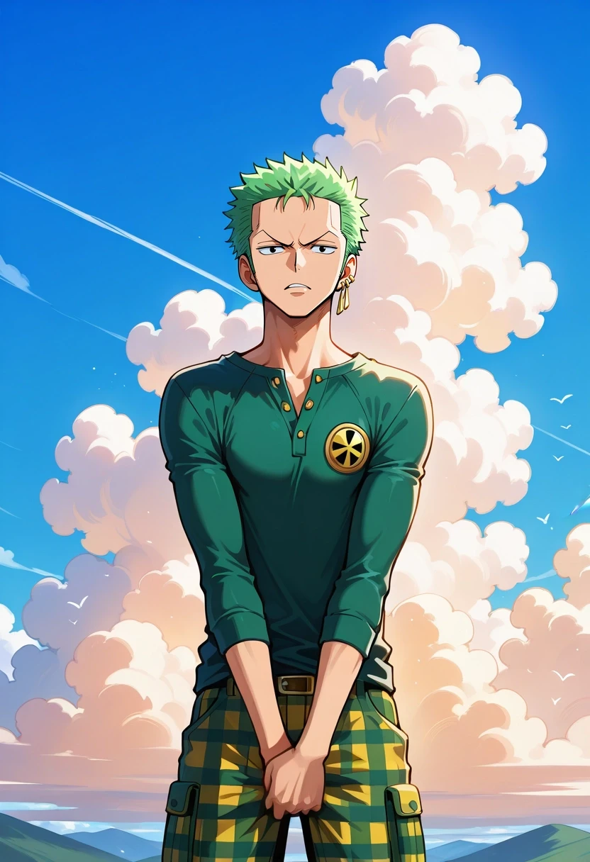 masterpiece, best quality, , , looking at viewer, 1boy, solo, male focus, <lora:zoro_roronoa_ilxl:0.9>, zoro_roronoa, green hair, black eyes, short hair, , , earrings, , focused, heaven, clouds, day, sunny, v arms, speaking, talking, Gingham SkyBlue Seersucker Slim-fit cargo pants, Quarter-zip pullover, , ,