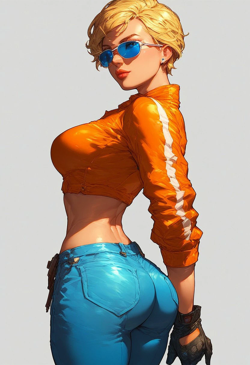 score_9, score_8_up, score_7_up, 1girl, SSX_Tricky,
1girl, solo, blonde hair, short hair, blue eyes, gloves, pants, ass, breasts, orange crop top, sunglasses, midriff,