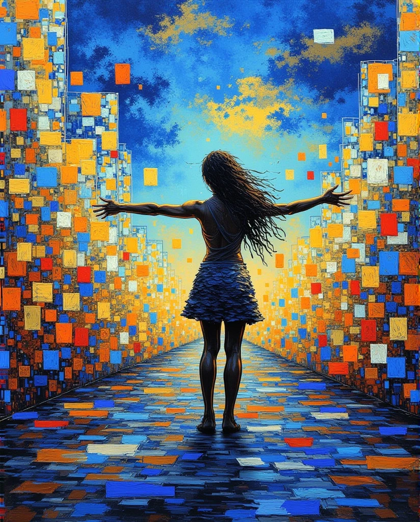 abstract_arts,A solitary figure in a vibrant, abstract urban landscape,Abstract Expressionism,A Vibrant Display of Color and Movement