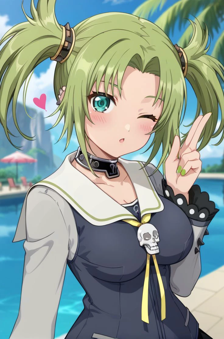 <lora:add-detail-xl:1>source anime, detailed, official art, masterpiece,
<lora:HandFineTuning_XL:1>
BREAK,
indoor, blurry background, heart floating,
blowing kiss, one eye closed, dynamic angle, cowboy shot, blush, face focus,
BREAK,
<lora:droitegauche_pdxl_v01_1:0.9>tovdroite, backflip, panties, green eyes, green hair, choker, hair rings, large breasts, sailor collar, short hair, side locks, parted bangs, skull brooch, twintails, long sleeves, wide sleeves, black skirt, earrings, nail polish,