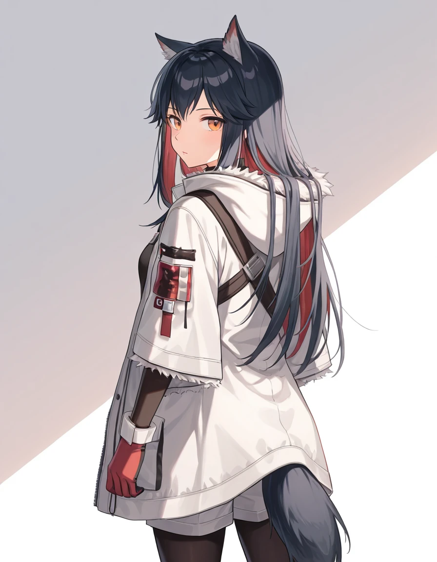 Volumetric Lighting, Volumetric Lighting, (masterpiece), (best quality), (ultra-detailed), illustration, disheveled hair, detailed eyes, perfect composition, moist skin, intricate details, very good lighting BREAK, light depth, dramatic atmospheric lighting, Volumetric Lighting, Texas, long hair, black hair, wolf ear,s wolf tail, orange eyes BREAK, wintertexas, legwear under shorts, hooded jacket, open jacket, WM pantyhose, red hair, WM gloves, WM shorts,white shorts, WM shoulder strap, fur-trimmed jacket,, red hair, colored inner hair BREAK, ((white background)), looking at viewer, standing, upper body,from behind, looking back