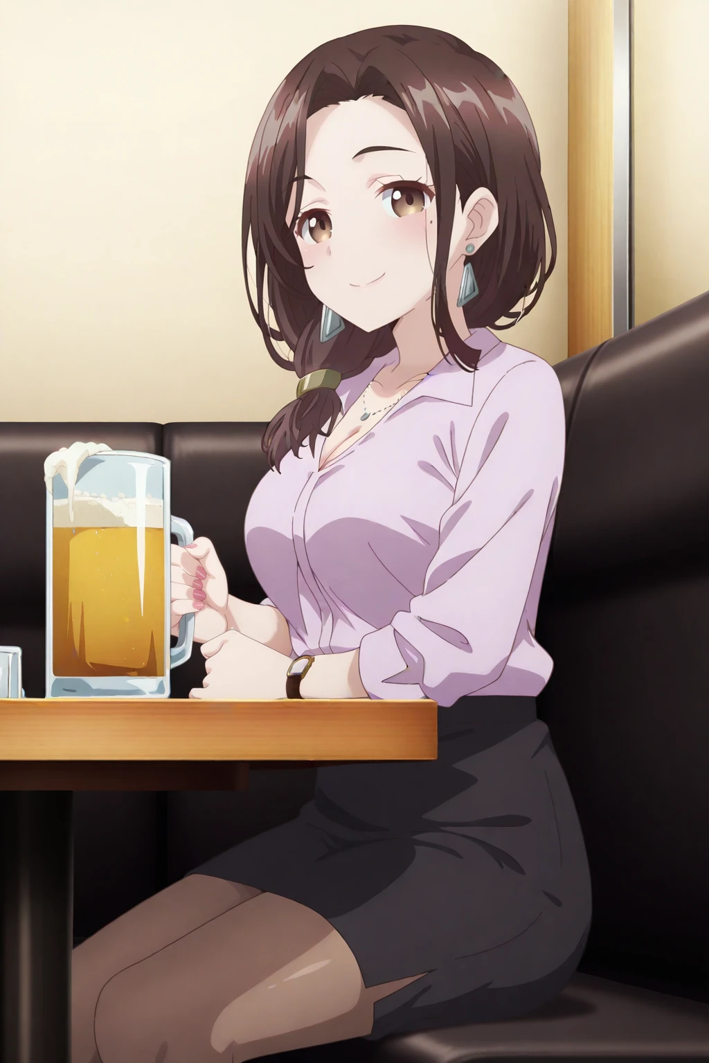 shinkai makoto, kimi no na wa., 1girl, bangs, black hair, brown eyes, open mouth :), blush, twisted half up, red ribbon, long hair, long sleeve light yellow cardigan, open shirt, white shirt, cleavage, breast, medium breast, blue pants, drinking party,nomikai, people in background, table, food drinks, beer, indoors, masterpiece, perfect anatomy, cowboyshot, 1boy POV viewer, holding girl's hand
