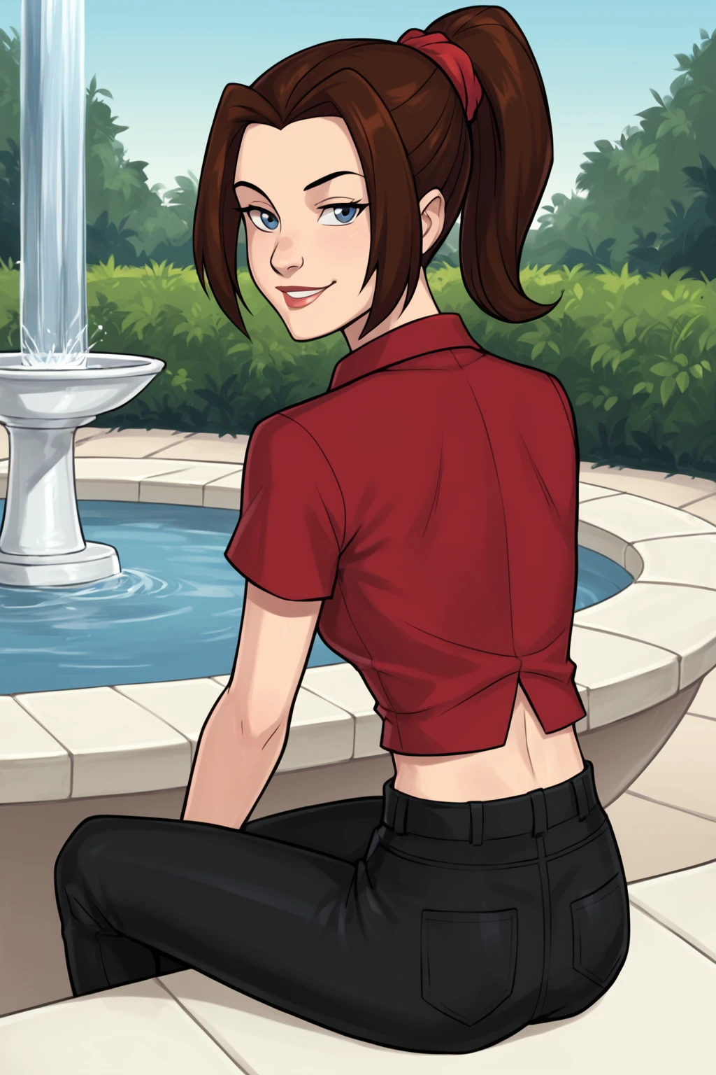 PonyXLV6_Scores BREAK ((parody), perfect anatomy, perfect eyes) <lora:add_details_xl:0.8> BREAK <lora:Shadowcat_-_X-Men_Evolution:0.8> kitty pryde, brown hair, ponytail, blue eyes, flirting, raised eyebrow, smirk, ((looking back at viewer)), scrunchie, collared shirt, red shirt, midriff, black pants, red sneakers, sitting next to luxurious fountain, legs crossed, outdoors