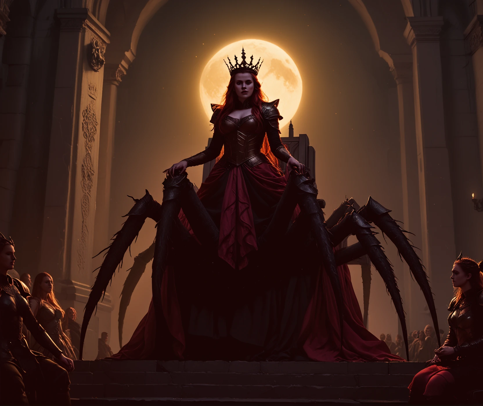 score_9, score_8, score_7
(female (spider taur)), from below
red hair, pink skin, elf
(big black spider body, huge spider abdomen, 8 legs, pedipalps, yellow pelt)
crown, armor, dress
standing
palace, throne hall, moon, dark theme, dim light, dramatic light, dramatic lighting
<lora:vivid_everclear:0.2>, <lora:dark_v1.9-pony:0.5>, <lora:S1_Dramatic_Lighting_v3:0.25>, <lora:arachne_07_20e_pony_prodigy_4:0.75>,