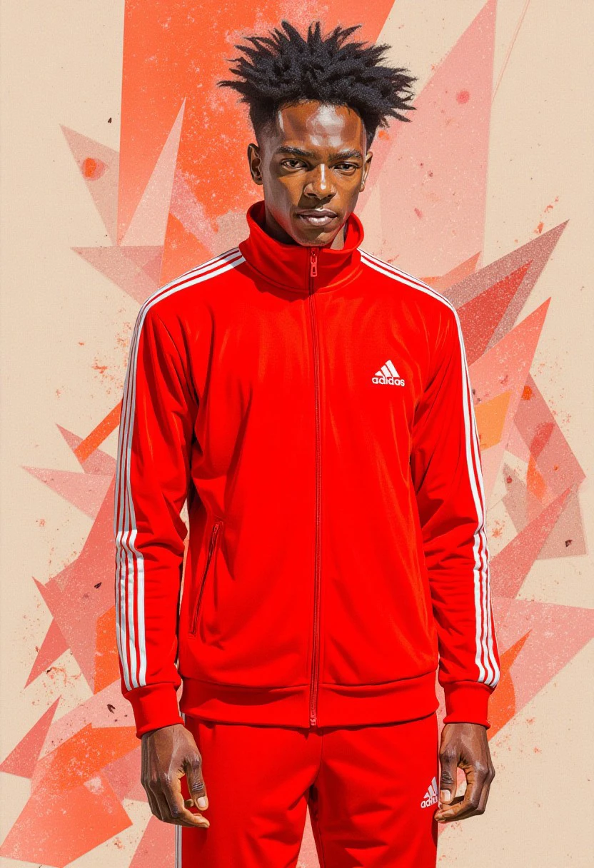 A abstract surreal digital portrait of a young man wearing a full tracksuit in red color. The tracksuit features a zip-up jacket with a high collar and matching pants. Adidas Logo Both pieces have three white stripes running down the sleeves and along the sides of the pants, a signature design element. The Adidas logo appears on the left side of the jacket, represented in white.. The portrait is made up of various geometric shapes and lines, creating a mosaic-like effect, abstract, shapes, illustration, colored, in style of p0y11. heavy grain and noise.
