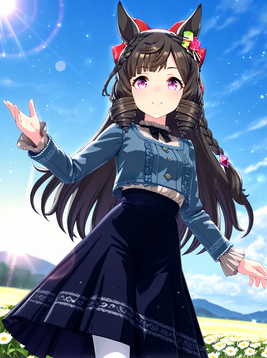 masterpiece, best quality, absurdres,
daiichi ruby \(umamusume\), 1girl, horse ears, cowboy shot, looking at viewer, white pantyhose, blue grey shoes, casual, closed mouth, long sleeves, flower, grey blouse, black long skirt, red hair ribbon, black slim bowtie, blue cropped jacket, ear ornament
open mouth, big smile,
blue sky,sun,light rays,lens flare,light particles,dynamic pose,
<lora:ILL_daiichi_ruby_ver1.012:0.7>
