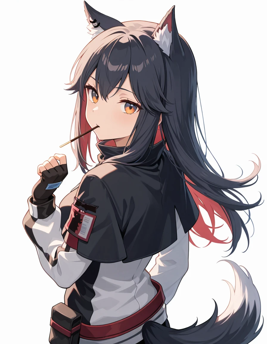 Volumetric Lighting, (masterpiece), (best quality), (ultra-detailed), illustration, disheveled hair, detailed eyes, perfect composition, moist skin, intricate details, very good lighting BREAK, light depth, dramatic atmospheric lighting, Volumetric Lighting, Texas, long hair, black hair, wolf ear,s wolf tail, orange eyes BREAK, basetexas, base gloves,fingerless gloves, base capelet, base jacket, base id card,red belt, red hair, colored inner hair,shoes BREAK, ((white background)),standing,mouth hold, pocky,looking at viewer,hand up, upper body, from behind, looking back